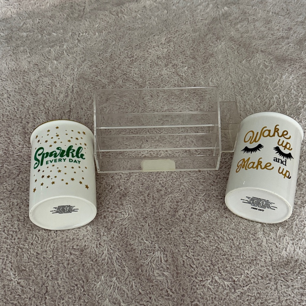Set of Two White and Gold Decorative Cups & Makeup Organizer